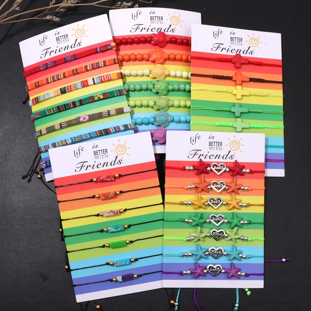 7PCS Natural Stone Beads Braided Bracelet Set Fashion Sea Turtle Cross Charm Bracelets Adjustable for Women Men Boho Jewelry