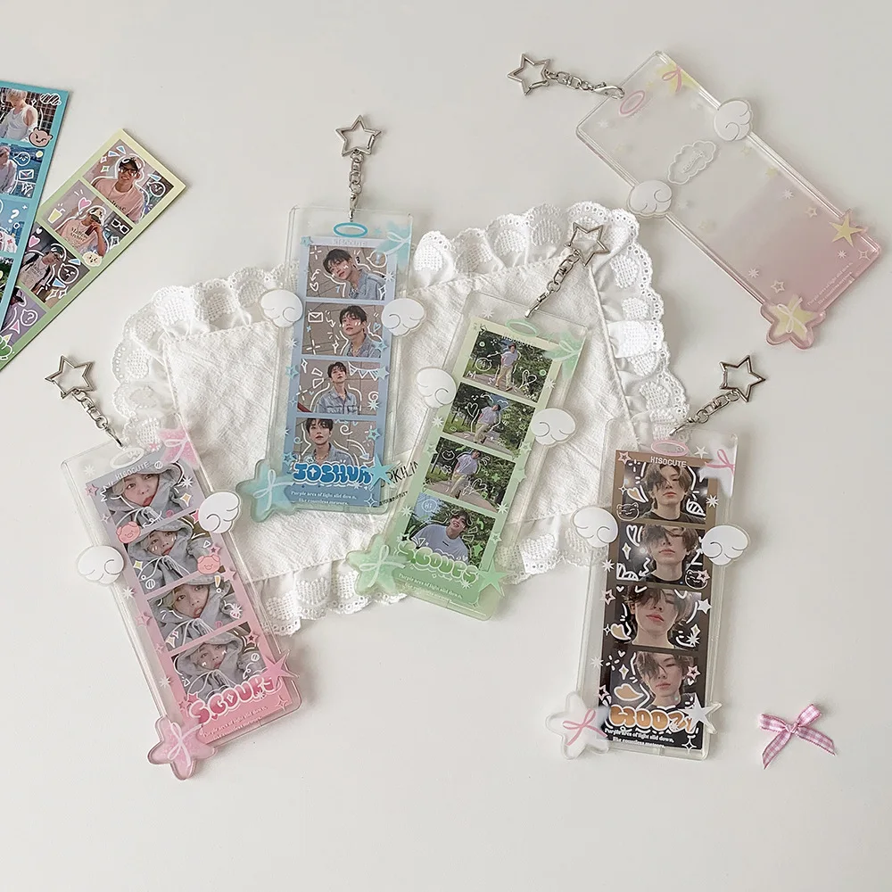 Transparent Angel Wings Card Holder 4 Photo Grid Acrylic ID Badge Reel for Girls Kpop Fans