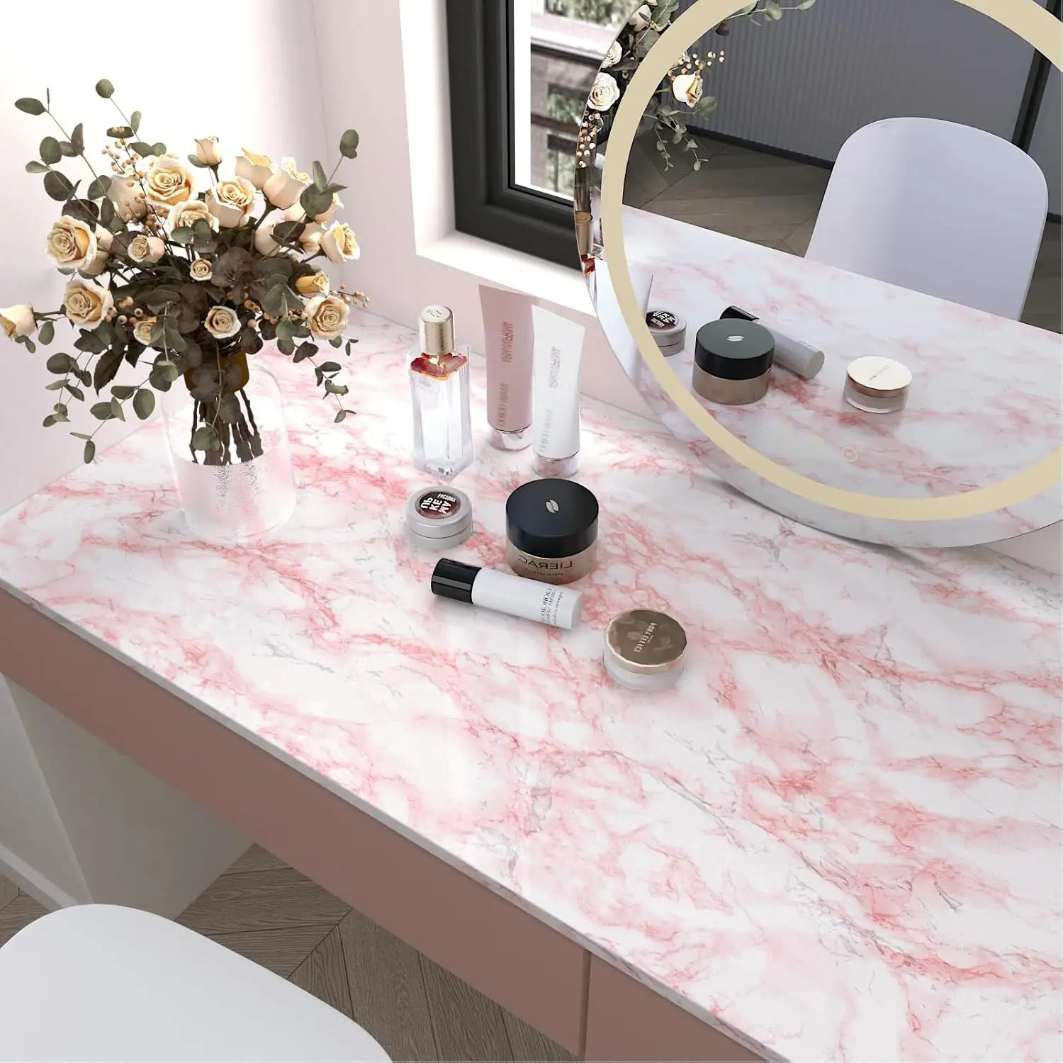 Glossy Pink Marble Contact Paper for Countertop Granite Wallpaper Self-Adhesive Removable Kitchen Waterproof Oil Proof Sticker