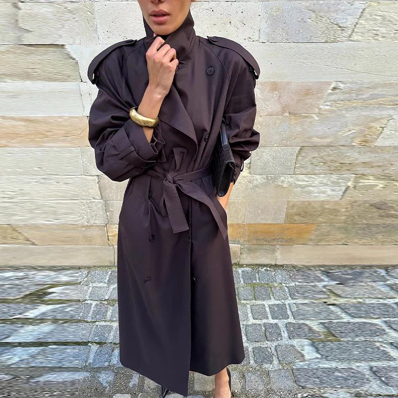 Vintage Brown Lapel Long Trench Coat Fashion Long Sleeve Single Breasted Lace Up Windbreaker 2025 Autumn Lady Commuter Outwear