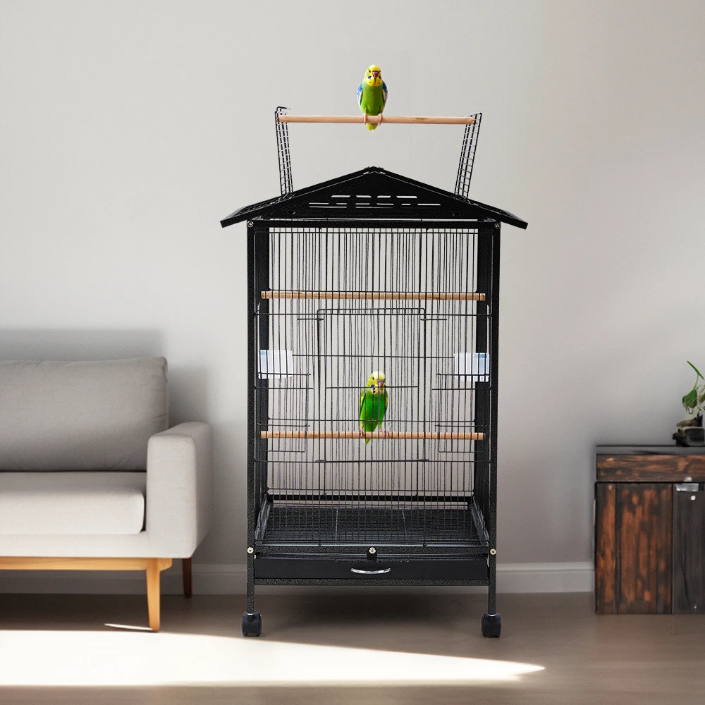 Tieker Open Top Peak Metal Bird Cage with Casters Bird House Parrot Cockatiel Multifunctional Pet Cage, 47.5cmWx47.5cmDx86cmH