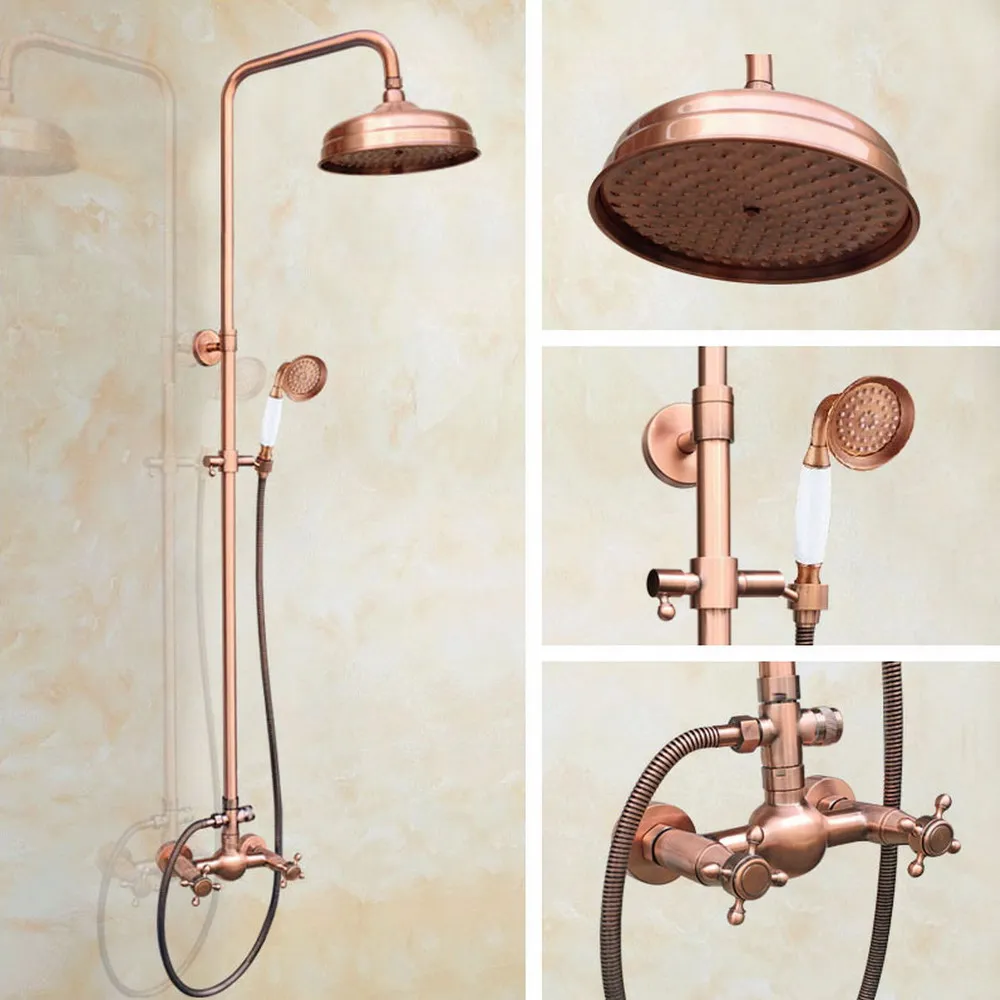 Antique Red Copper Brass Dual Cross Handles Bathroom 8 Inch Round Rain Shower Faucet Set Mixer Tap Hand Shower mrg524