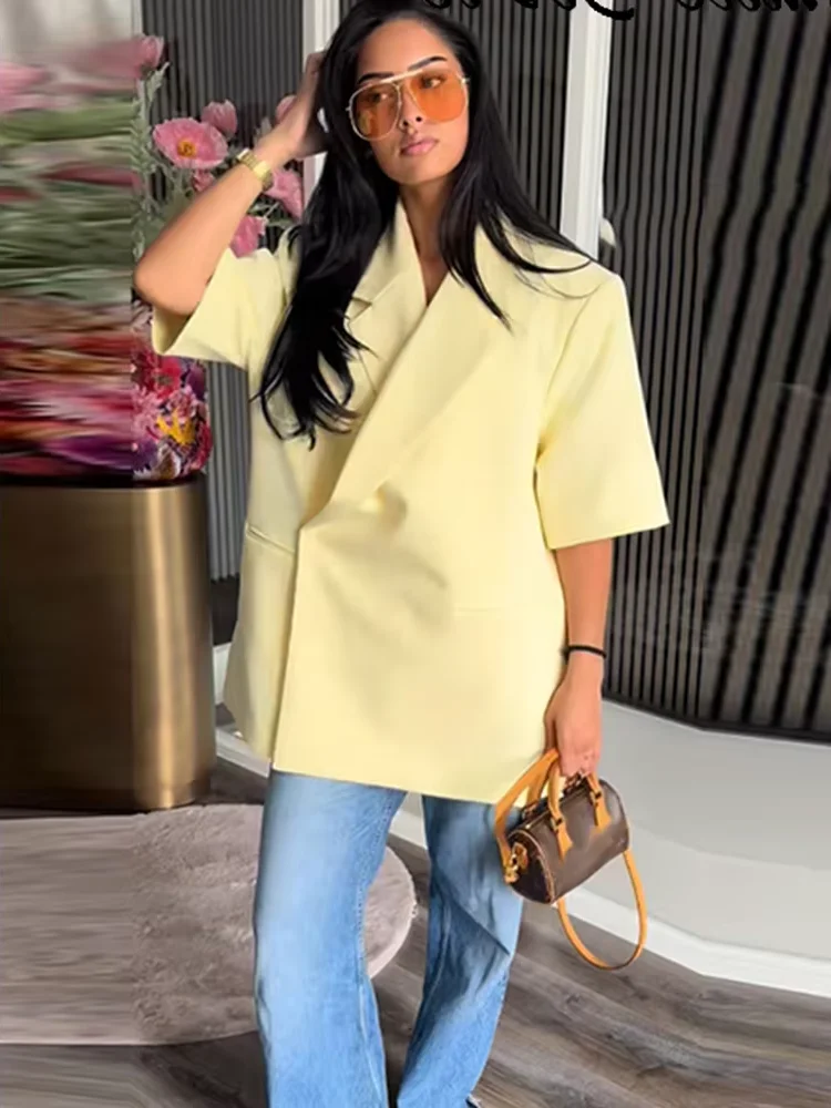 Women Butter Yellow Cropped Blazers Coats Casual Lapel Loose Half Sleeve V-neck Jacket Office Lady Commuting Wear Summer New