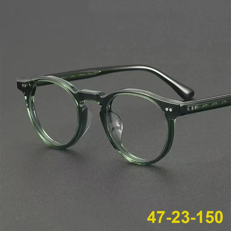 2026 New Japanese Brand Design Round Acetate Glasses Frame Men Women Fashion Vintage Carving Green Black Eyeglasses Eyewear