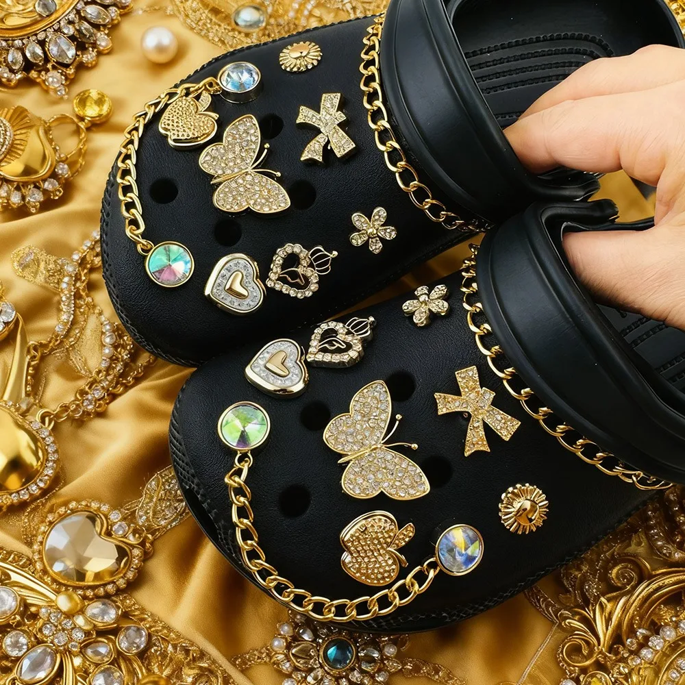 18PCS Summer Luxury Shoe Charms Set Accessories for Clogs Shoe Buckle Golden Chain Diamond Butterfly Flower DIY Shoes Decoration