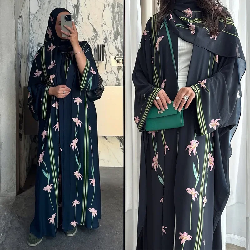 Modest Floral Print Open Cardigan Headscarf Two-Piece Set Middle East Dubai Abaya Muslim Women's Clothing Fashionable Outerwear
