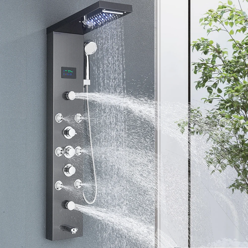 LED Shower Panel Tower System Rain Waterfall Shower Column Hydroelectricity LCD Display With Massage Body Spa Bath Shower Faucet