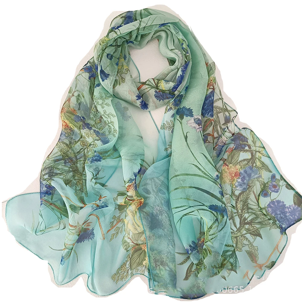 New Fashion Flower Plants Chiffon Silky Georgette Scarf Women Geometric Printing Long Soft Wrap Shawl Beach Kerchief Scarves
