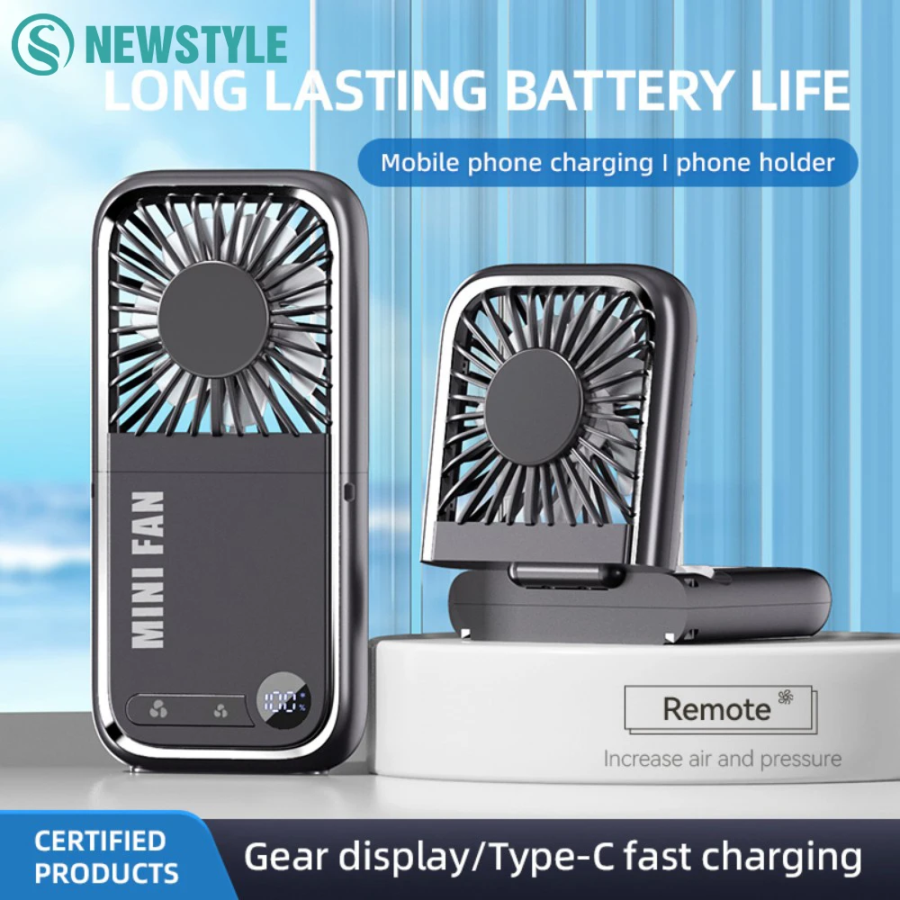 Folding Mini Cooling Air Fan Mobile Phone Holder Power Bank 3000mAh USB Rechargeable Cooling Handheld Desktop Fan with Lanyard