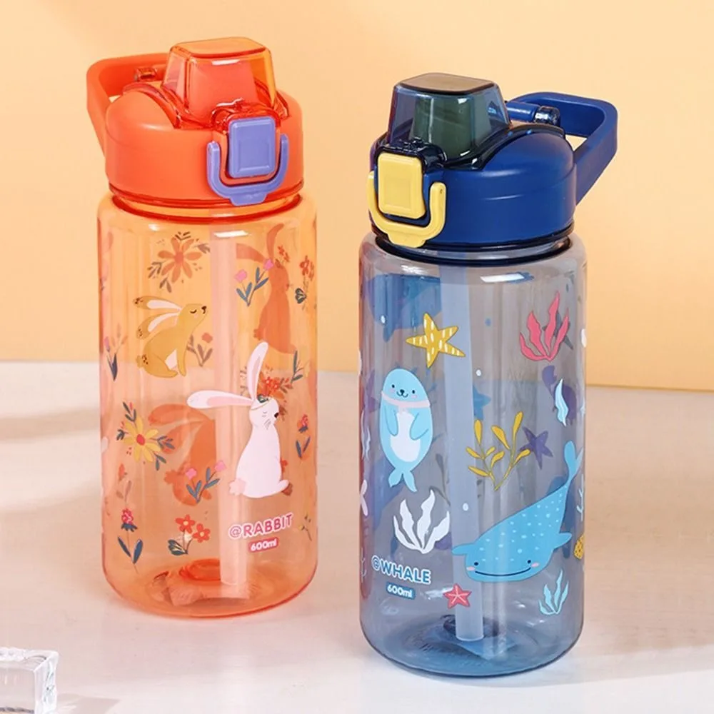 Portable 600ml Water Bottle With Silicone Straw Dinosaur Kids Water Cup Leakproof Plastic Water Sippy Cup Summer