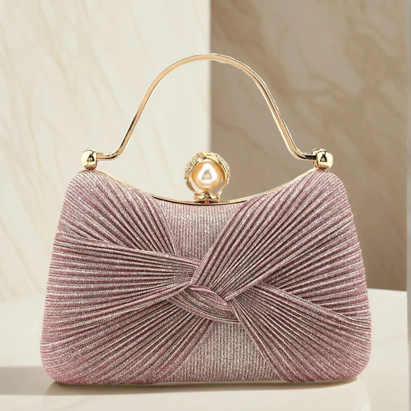 Bow Design Ruched Fashion Women Evening Bags Pink Color Sequined Glitter Metal Pearl Handbags Banquet Lady Wedding Bridal Purse
