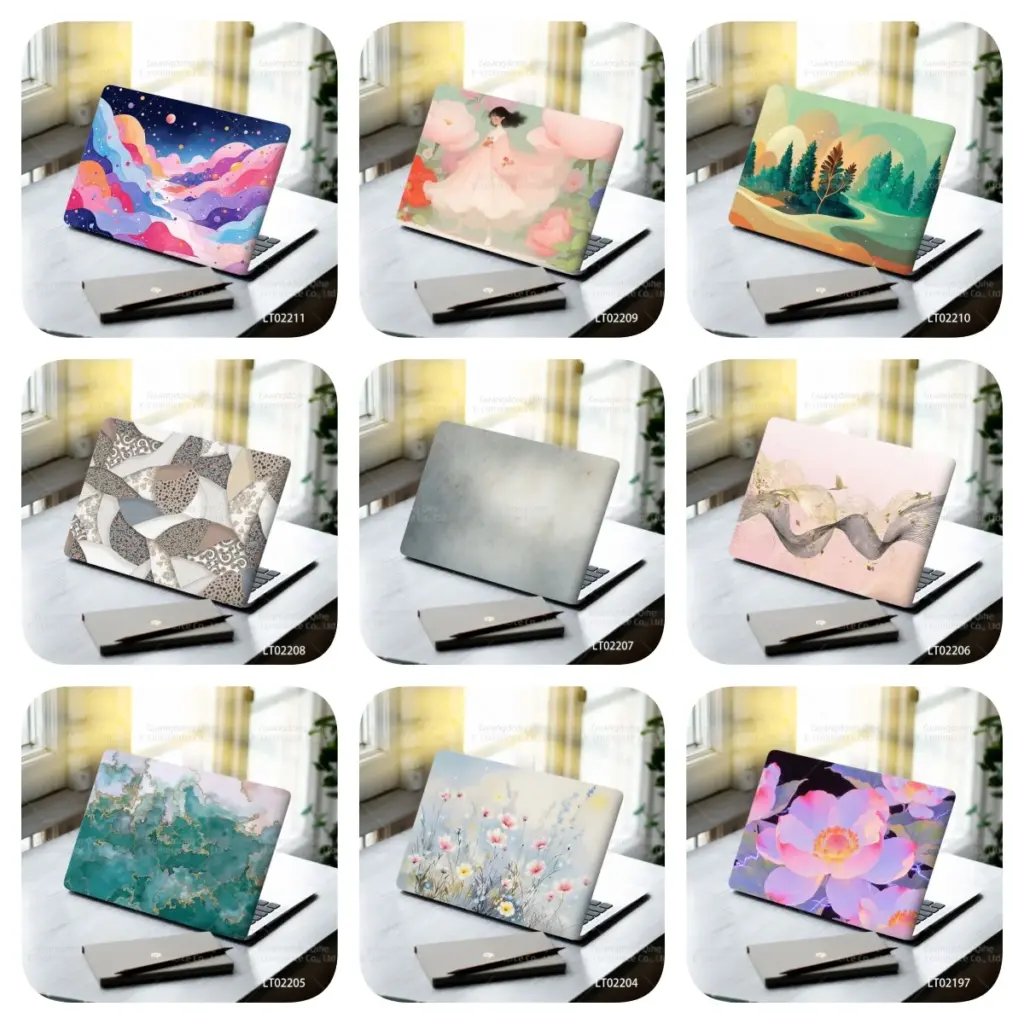 2pcs Creative Botanical Laptop Stickers Hand-Drawn Floral Line Art in Bright Colors, Waterproof Vinyl Decal for Notebook Covers