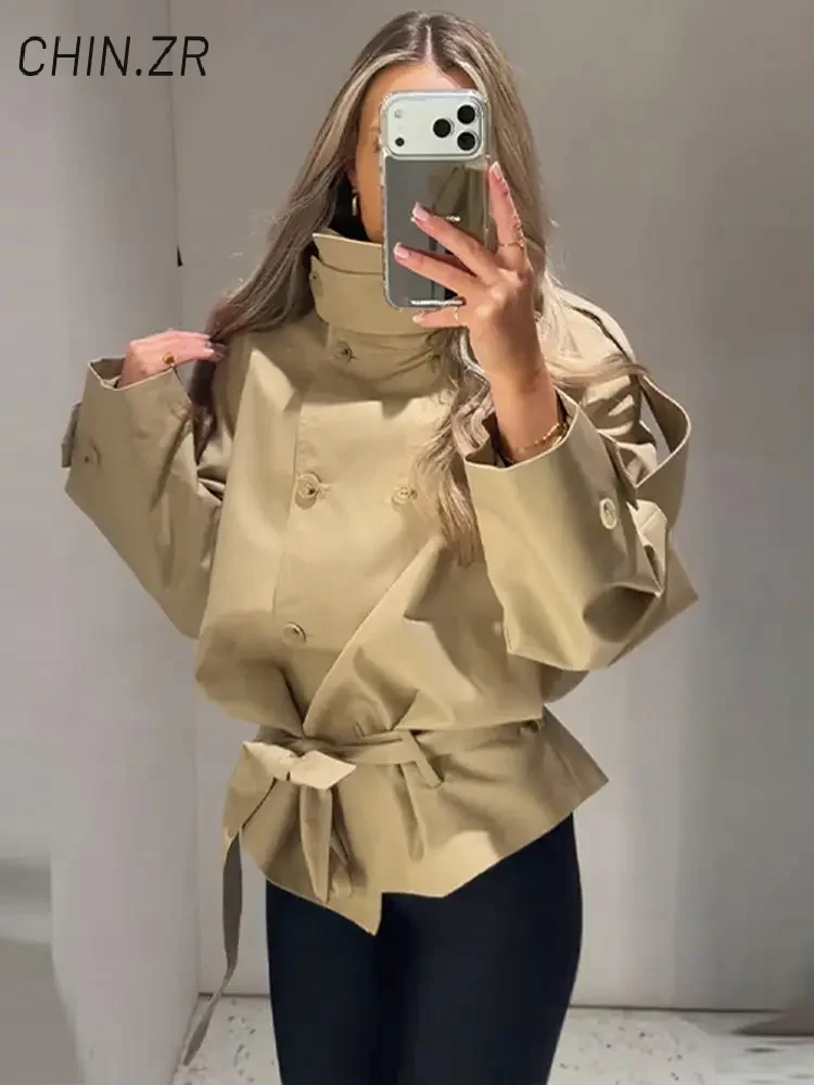 Casual Women's Lace up Stand Collar Trench Coats Asymmetric Double Breasted Full Sleeve Jackets 2026 Spring Lady Commute Outwear