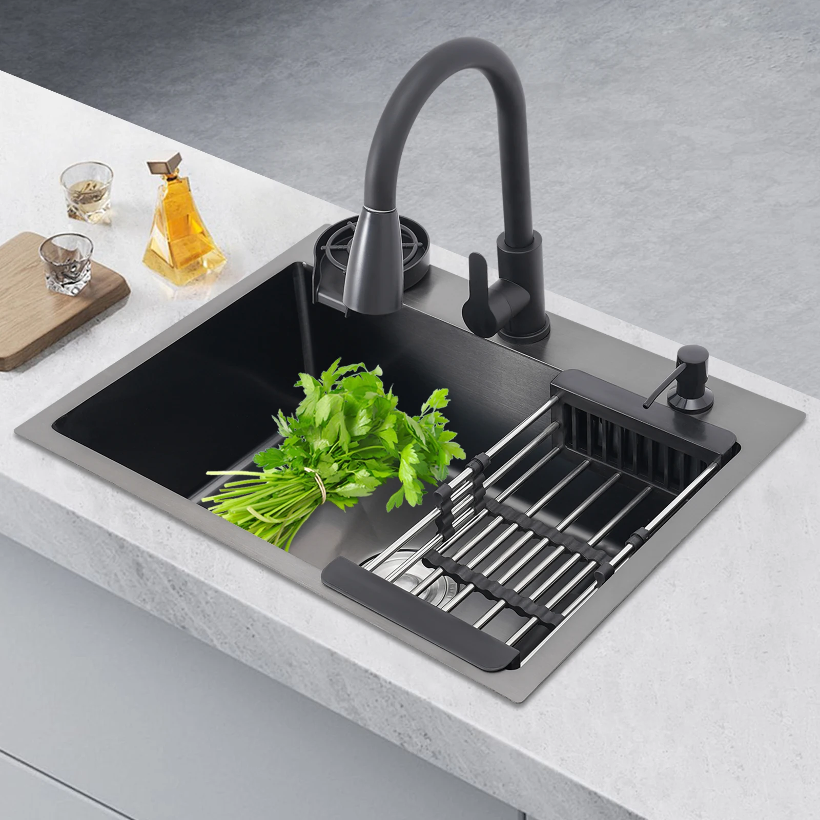 Nano Coated Stainless Steel Kitchen Sink with Pull-Out Faucet Strainer Soap Dispenser Easy Clean Anti-Clog Drain