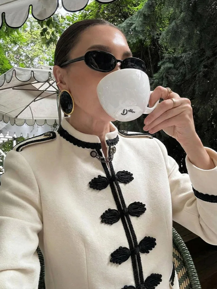 Women Woven Patchwork Crop Jacket Shoulder Pad Frog Button Long Sleeve Street Slim Blazer 2026 Spring Chic Paneled Napoleon Coat