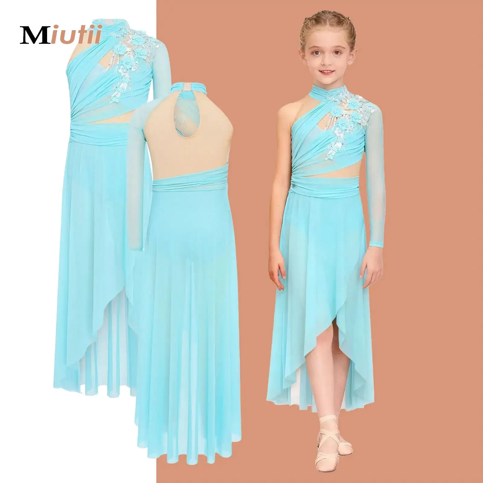 Girls Delicate 3D Flower Lyrical Dance Dress Asymmetrical Ruched Long Dress Gymnastics Modern Dance Clothes Performance Dress