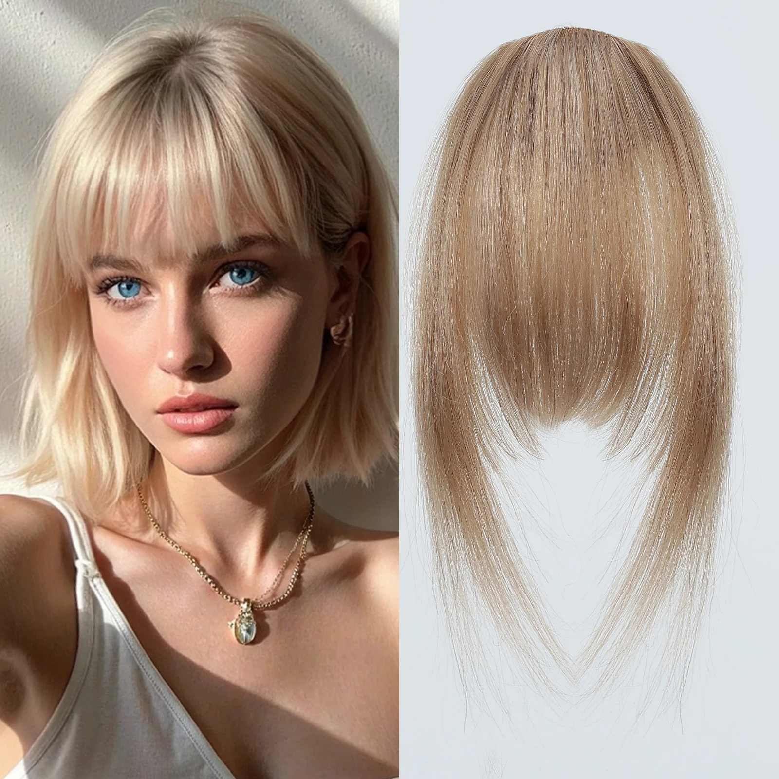 100% Human Hair Bangs Clips in Air Fringe Bangs Hairpiece for Women Ash Blonde Remy Human Hair Bangs Hair Extension Natural Look