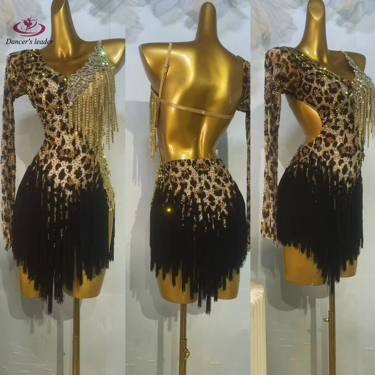 Latin Dance Dress High-end Custom Slim Fit Leopard Print Black Tassel Skirt Samba Tango Women's Adult Stage Costume
