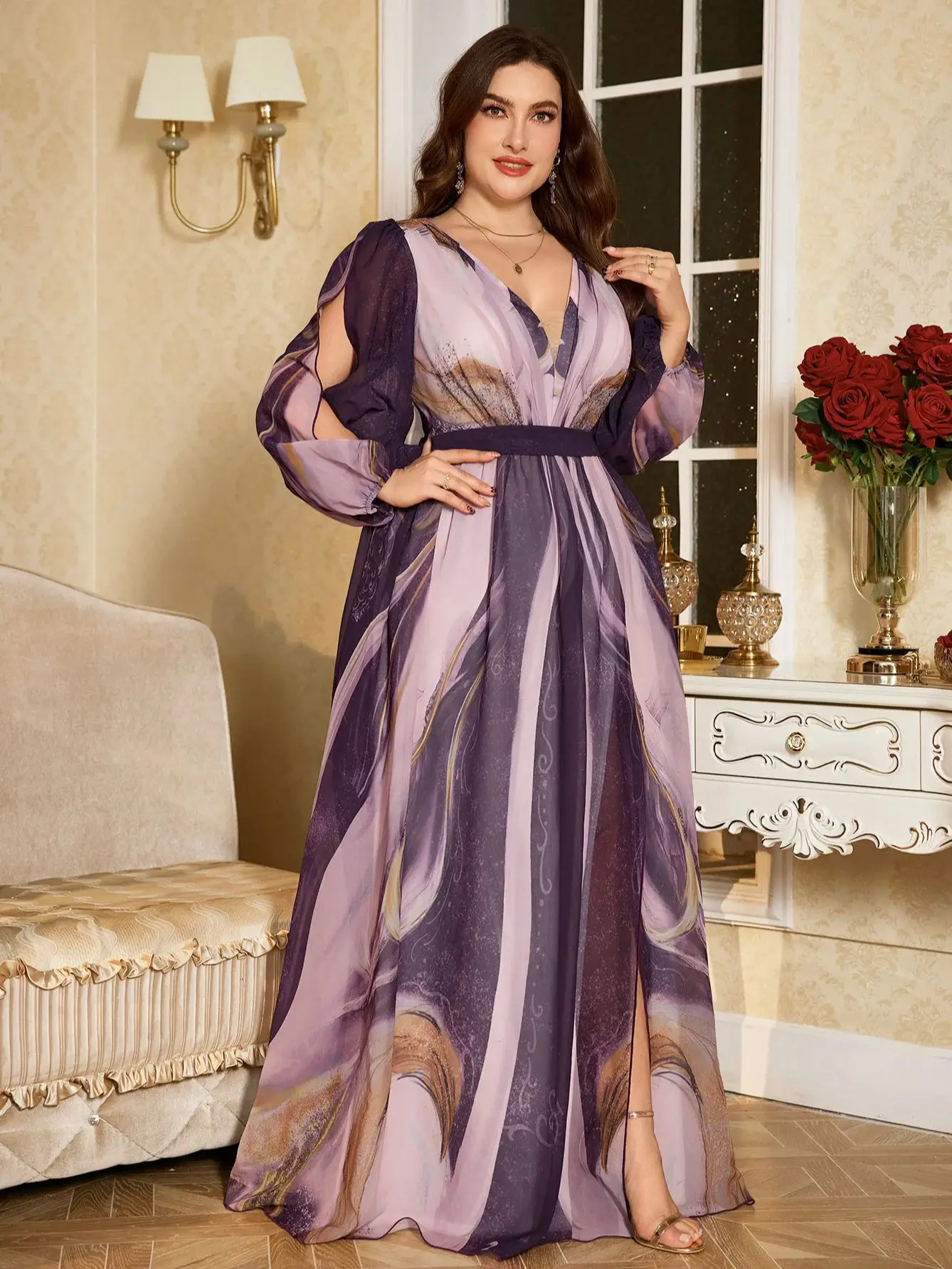 UNITHORSE Plus Size [Randomly Cutout] Deep V Neck Long Sleeve Ruched Bodice Multi-Color Chiffon Elegant Split Hem Evening Gown