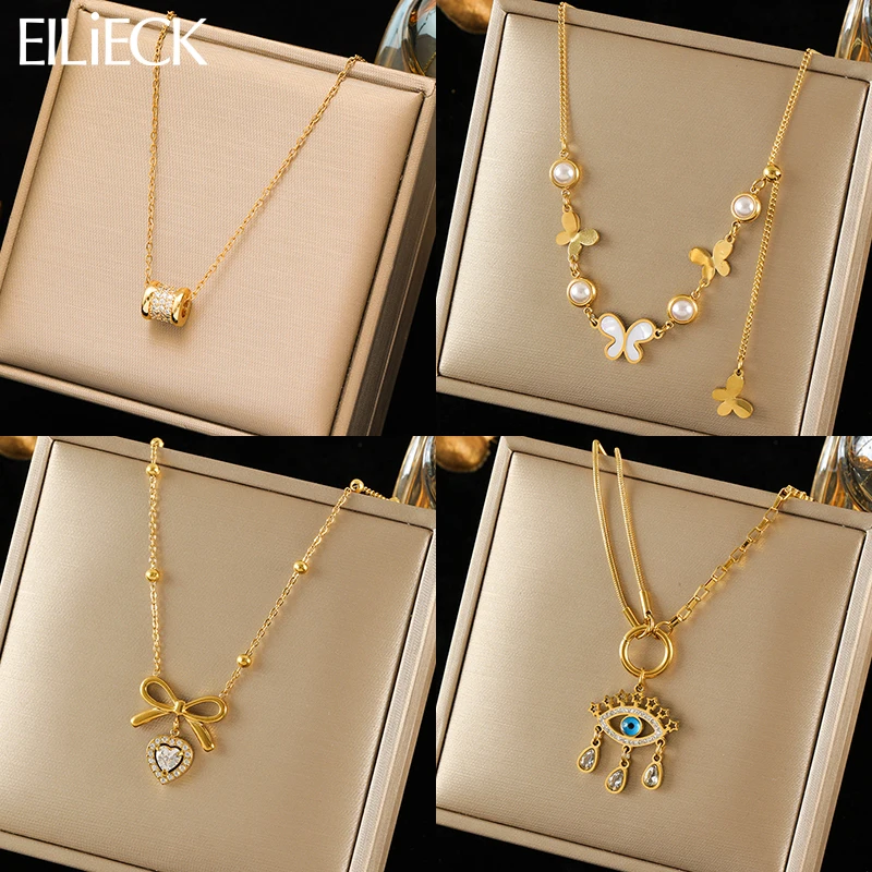 EILIECK 316L Stainless Steel Sparkling Heart Eyes Zircon Pendant Necklace For Women Exquisite Neck Chain Waterproof Jewelry Gift