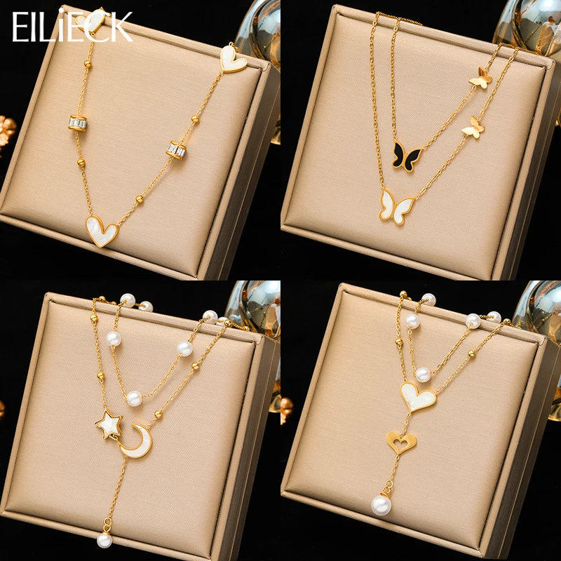 EILIECK 316L Stainless Steel Heart Moon Butterfly Pearls Necklace For Women Girl Fashion Neck Chain Jewelry Holiday Gifts Collar