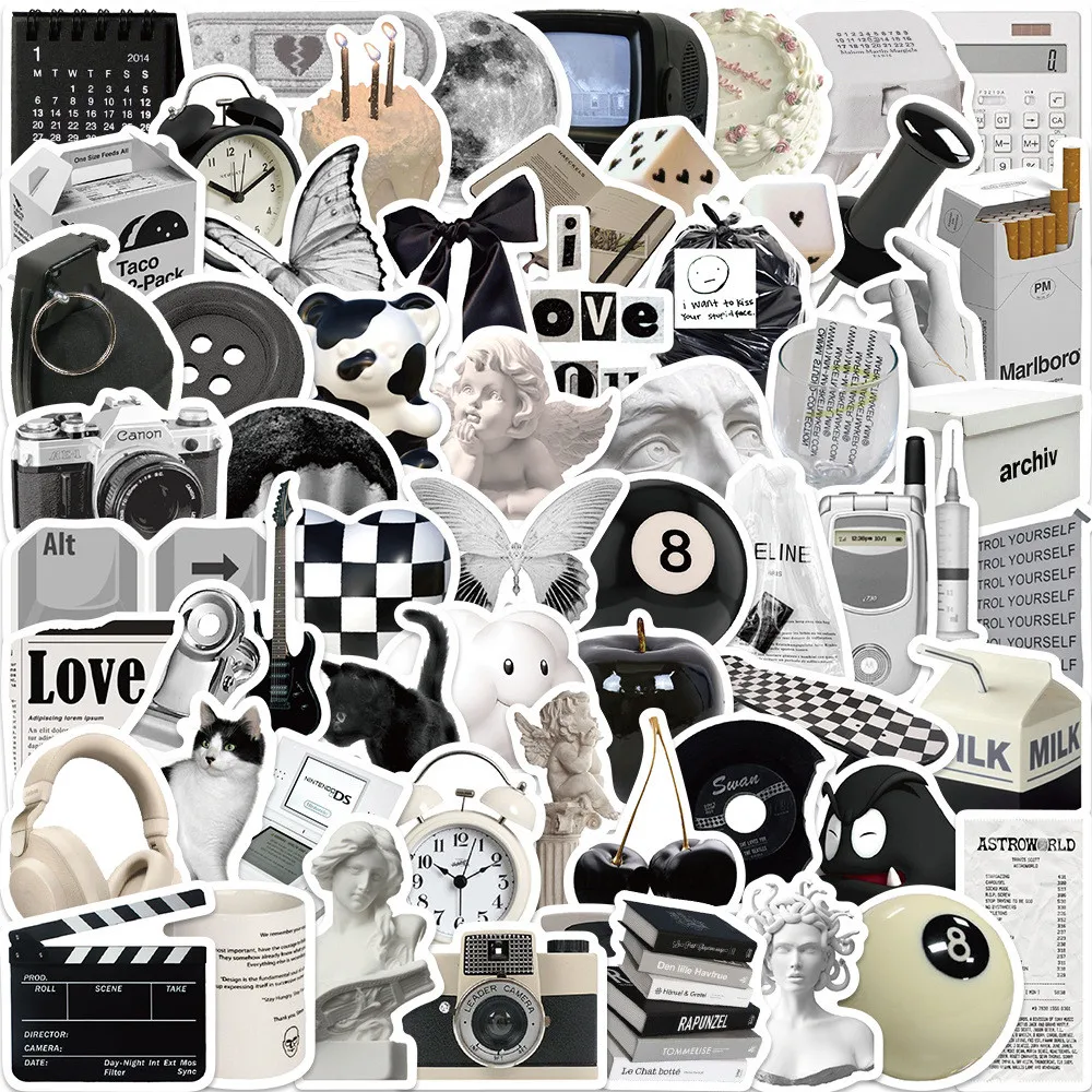 61Pcs Black White Minimalist Doodle Stickers - Decor for Luggage/Guitar/Notebook - Waterproof AnimeWorlds Store