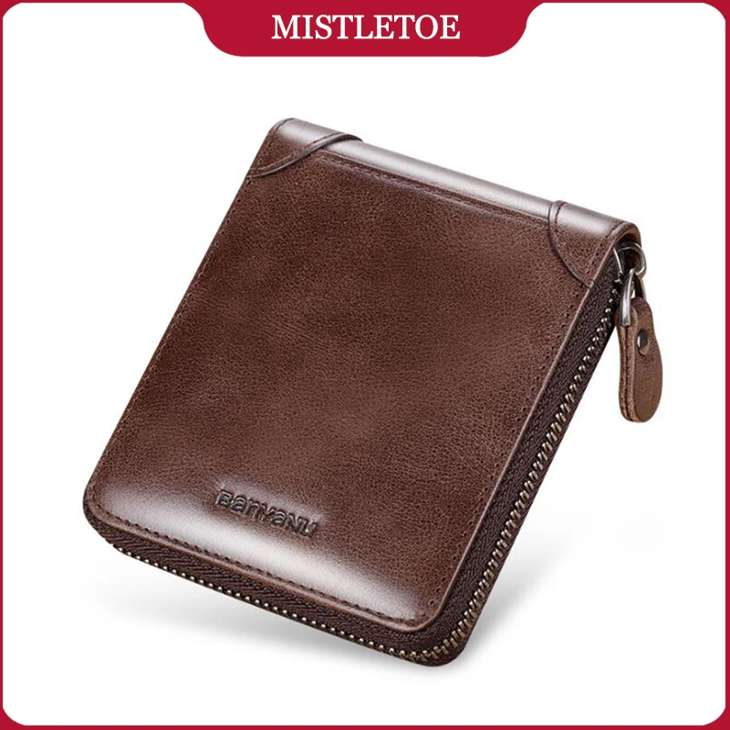 Business Men Cowhide Genuine Leather Purse Anti RFID Zip Coin Wallet with Driver License Holder
