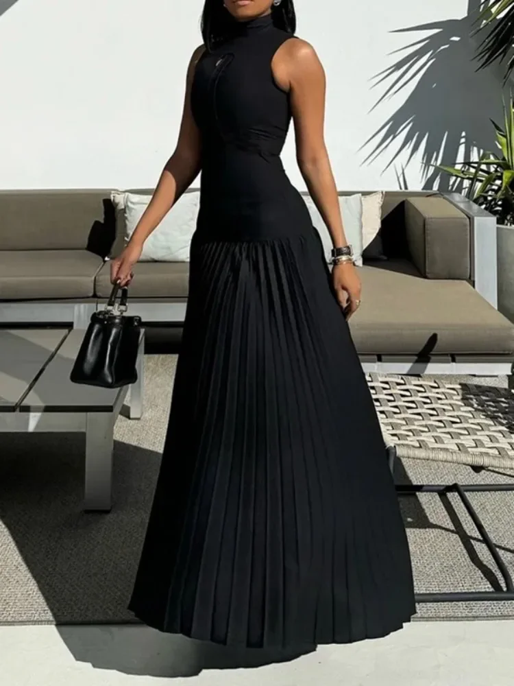 Women's Solid Black Slim Fit Dress Mock Neck Sleeveless Split-Joint Pleated Ankle-length Dress 2026 Summer Stylish Party Gowns