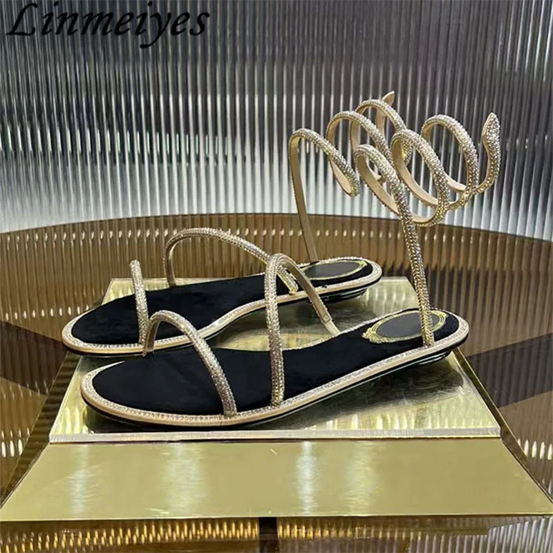 Summer Gladiator Sandals Woman Rhinestone Snake Twine Around Ankle Strap Wedding Party Shoes Women Flat Sandals Women Sandalias