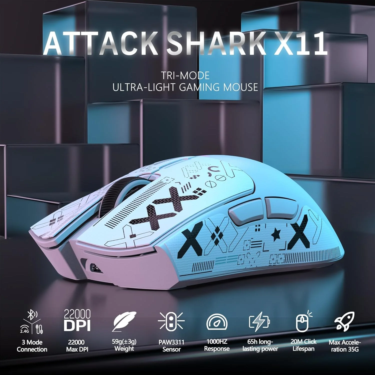 ATTACK SHARK X11 Wireless Gaming Mouse with RGB Magnetic Charging Dock, Wired/2.4G/BT, 22K DPI,Ultralight 59g Tri-Mode with Tape