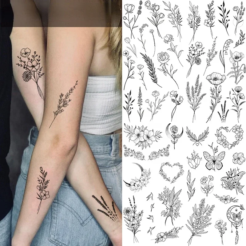 Black Flower Tattoo Sketch Tattoo Sticker Rose Blossom Tattoo Temporary Waterproof Fake Tattoo For Woman Art Tatoo Sticker