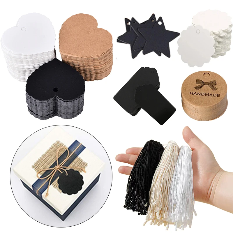 100pcs/set Kraft Paper Tags with Rope Product Price Marks Garment Tag Card Labels Shoes Bags Decor Accessories Card Paper TMZ