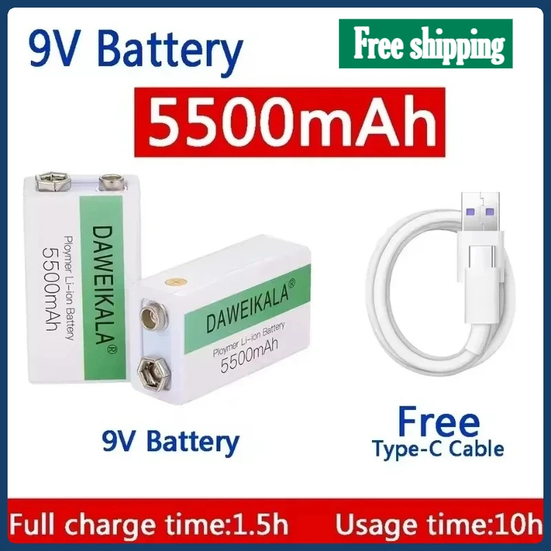 9V 5500mAh 9V battery li-ion Rechargeable battery Micro USB Battery 9v lithium for Multimeter Microphone Toy +USB charging cable