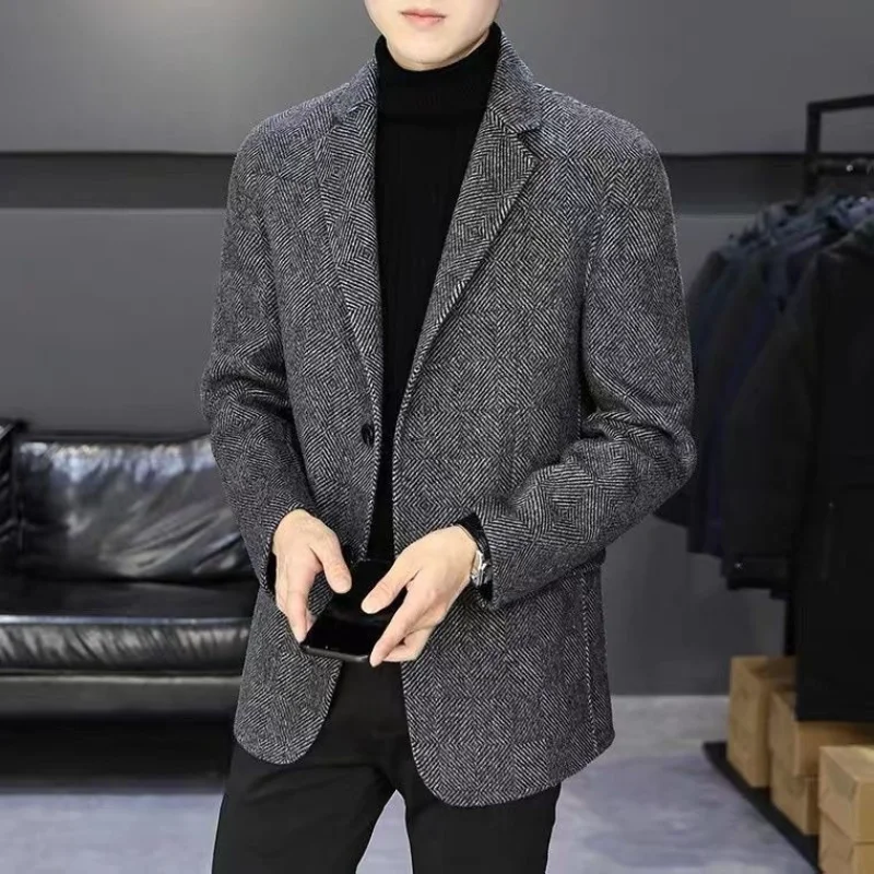 Men's Winter Wool Blend Suit Jacket Herringbone Pattern Lapel Two Button Slim Fit Business Casual Blazer Coat Autumn Fashion