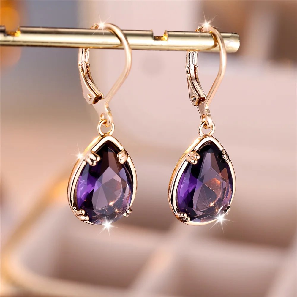 Charm Female Purple Water Drop Zircon Stone Hoop Earrings Gold Color Simple Wedding Jewelry For Women
