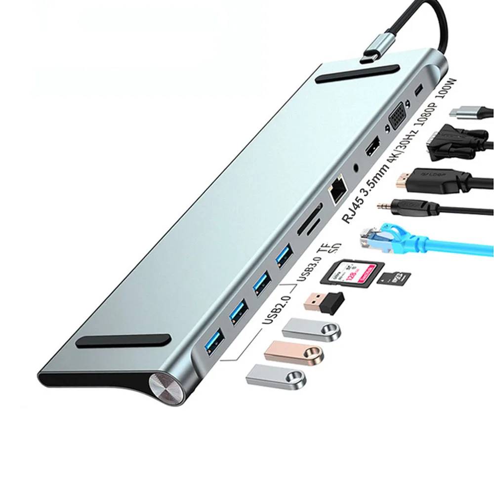 Type C HUB with 100W PD Charger Adapter HDTV 1080P 4K RJ45 Ethernet USB Disk Micro SD TF Card Reader for Notebook USB Extender