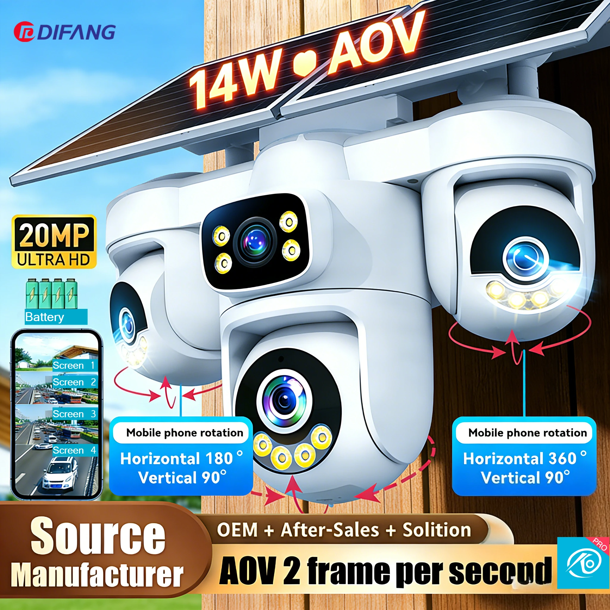 DIFANG 10K 20MP Four Screen 4G Solar Camera No Wire 360° 3 PTZ Lens Wireless Security Protection Solar CCTV 4G IP Cam O-kam Pro