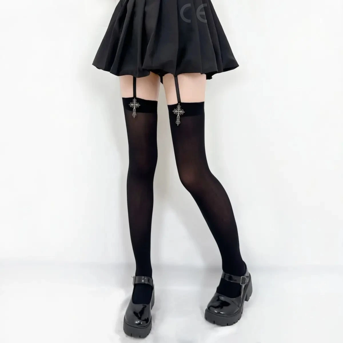 1/2pairs Gothic Cross Decoration Tight for Women Stockings Solid Color Thin Thigh High Lolita Over Knee Stockings