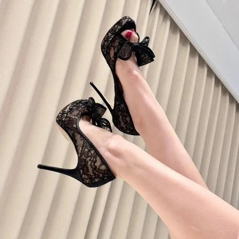 Women Sexy Round Toe Platform Stiletto Heel Slip on Party Dress Wedding Shoes Black Lace Double Bow Peep Toe High Heels