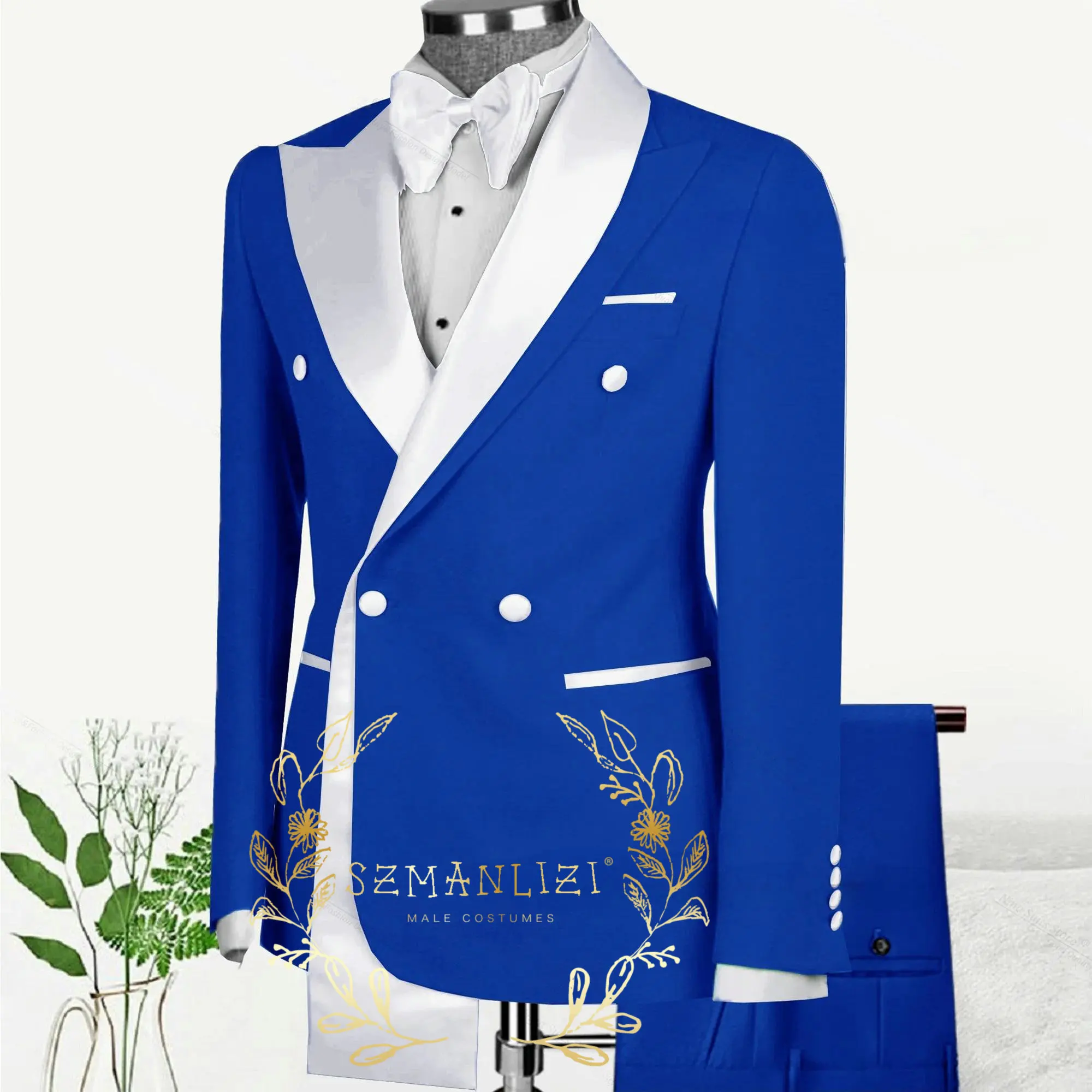 Latest Design Men Suits Royal Blue 2-piece Set Double Breasted Jacket Pants Elegant Costume Homme Wedding Tuxedos for Men