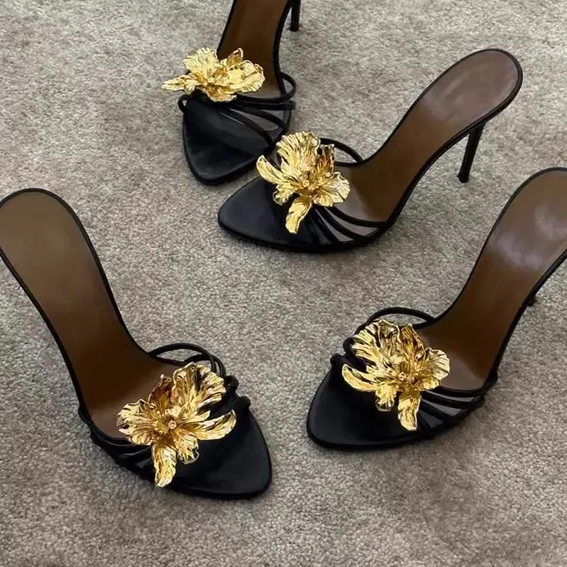 Gold Flower Decor High Heels Slippers Vintage Black Leather 2025 Summer New in Sexy Women's Sandals Luxury Designer Party Shoes