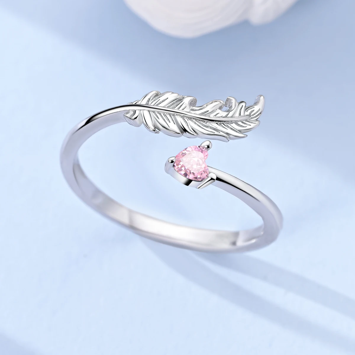 925 Silver Ring For Lady Feather Pink Heart Adjustable Open Ring Weddings Gifts Jewelry