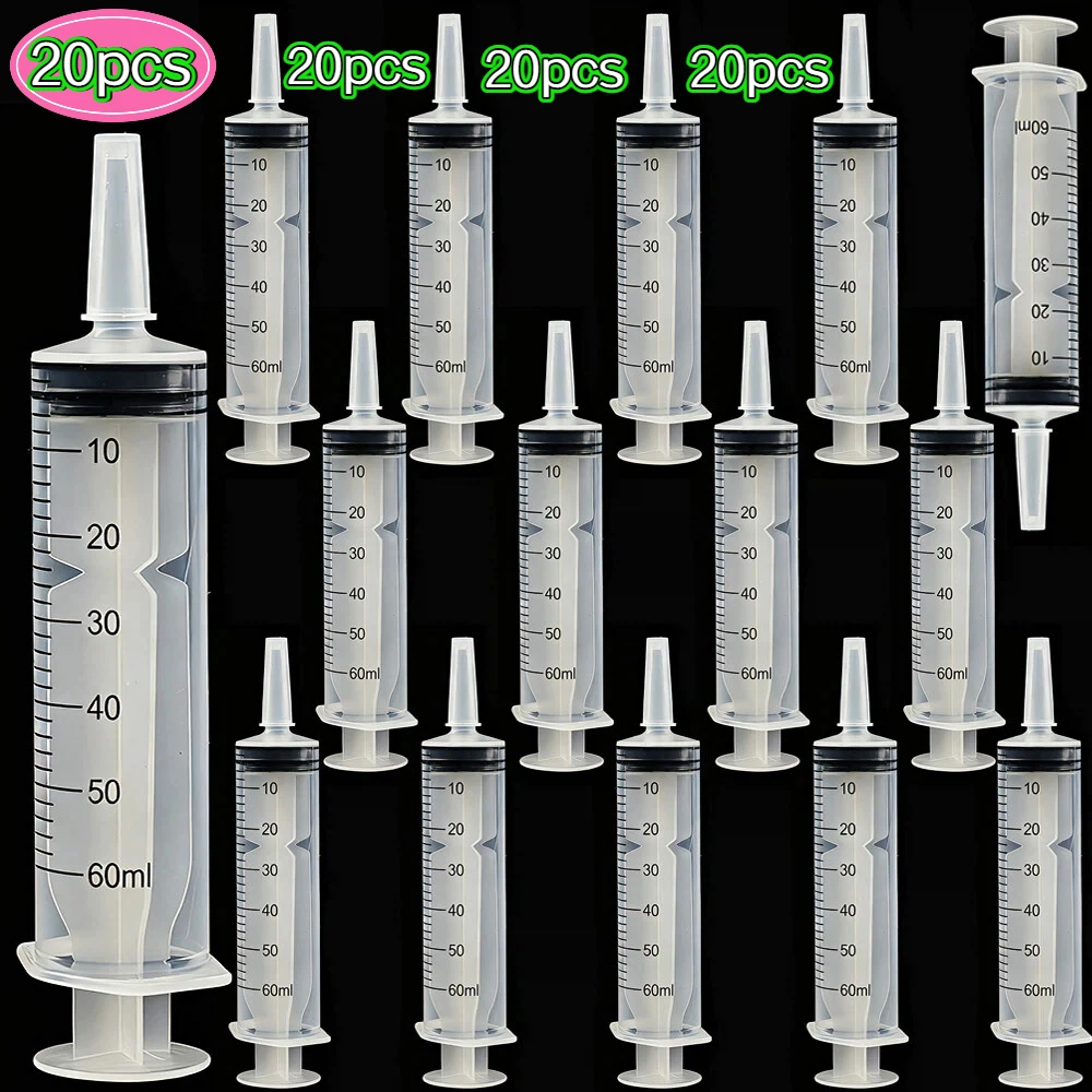 20Pcs 60ml Syringe Plastic Syringe Pet Feeding Syringe with Lid Measuring Syringe for Lab, Dispensing, Watering