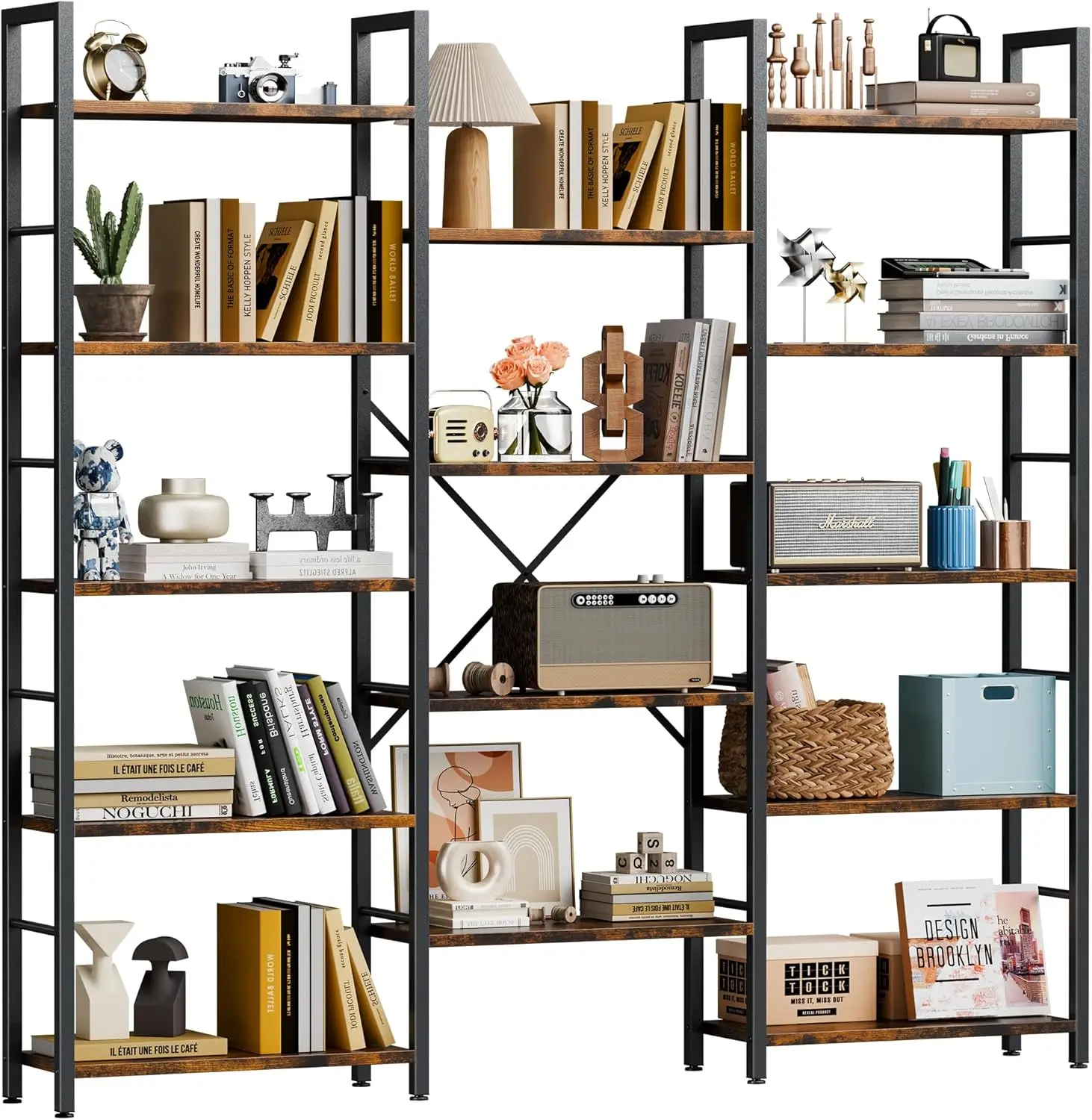 Industrial Triple Column 5-Tier Bookshelf, Large Rustic Brown Bookcase for Home & Office Display