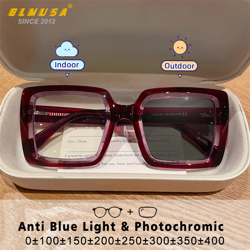 BLMUSA Square Photochromic Blue Light Blocking Large Frame Eyeglasses fashion Reading Glasses ladies Prescription Myopia Glasses