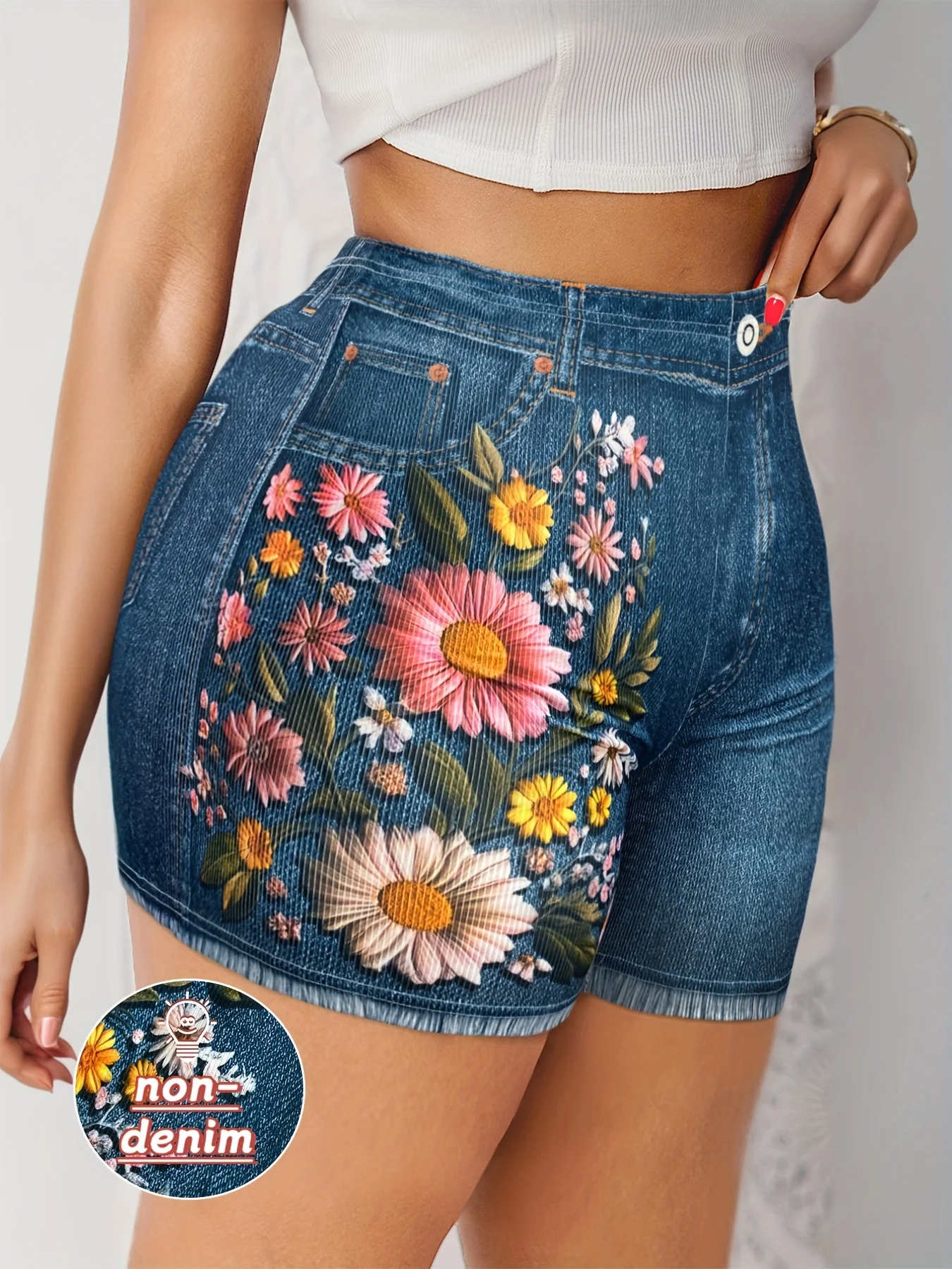 Women's Stretch Denim Like Shorts with Floral Print Design Casual Versatile Summer Style