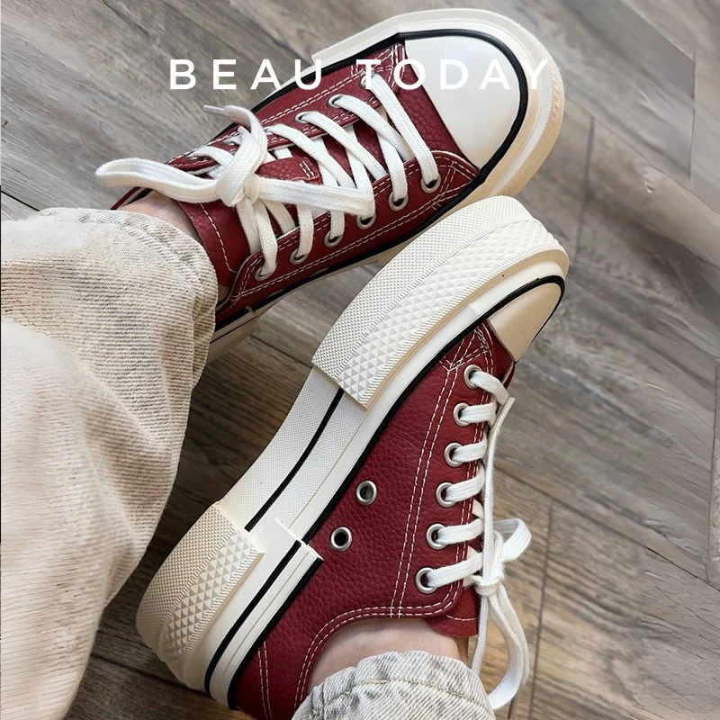 BEAUTODAY Canvas Shoes Women Split Leather Solid Color Spring Outdoors Lace-up Ladies Shoes Handmade 29248