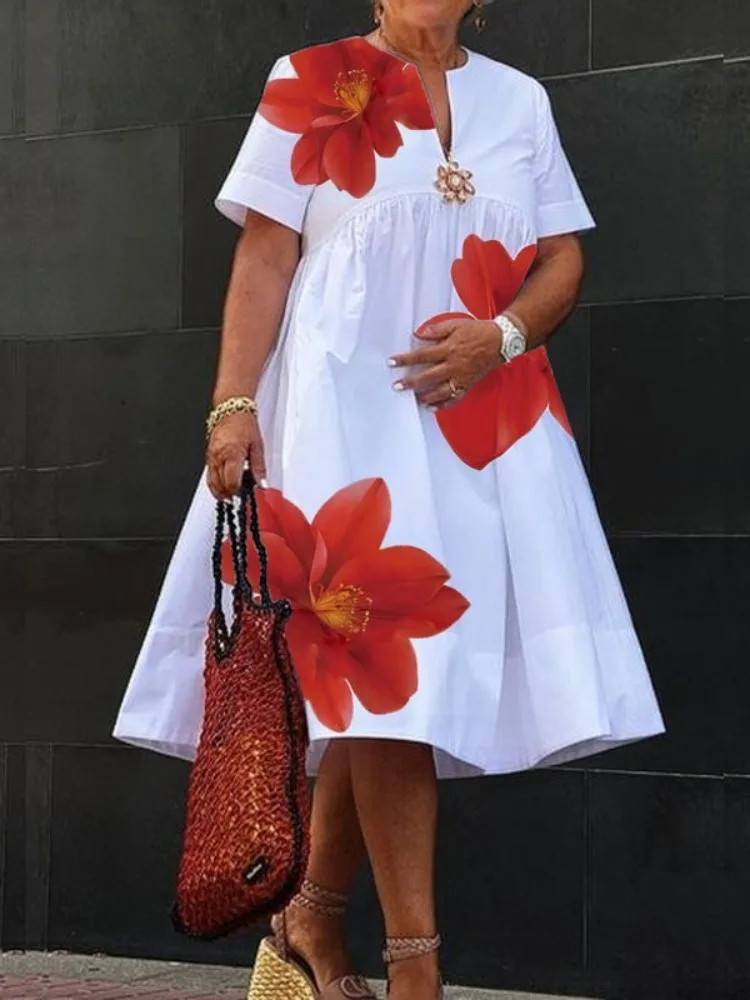 Women's Loose Short Sleeves A-Line Dress Flower Printed Casual Summer Daily Fashion Pleated Midi Dress 2026 New