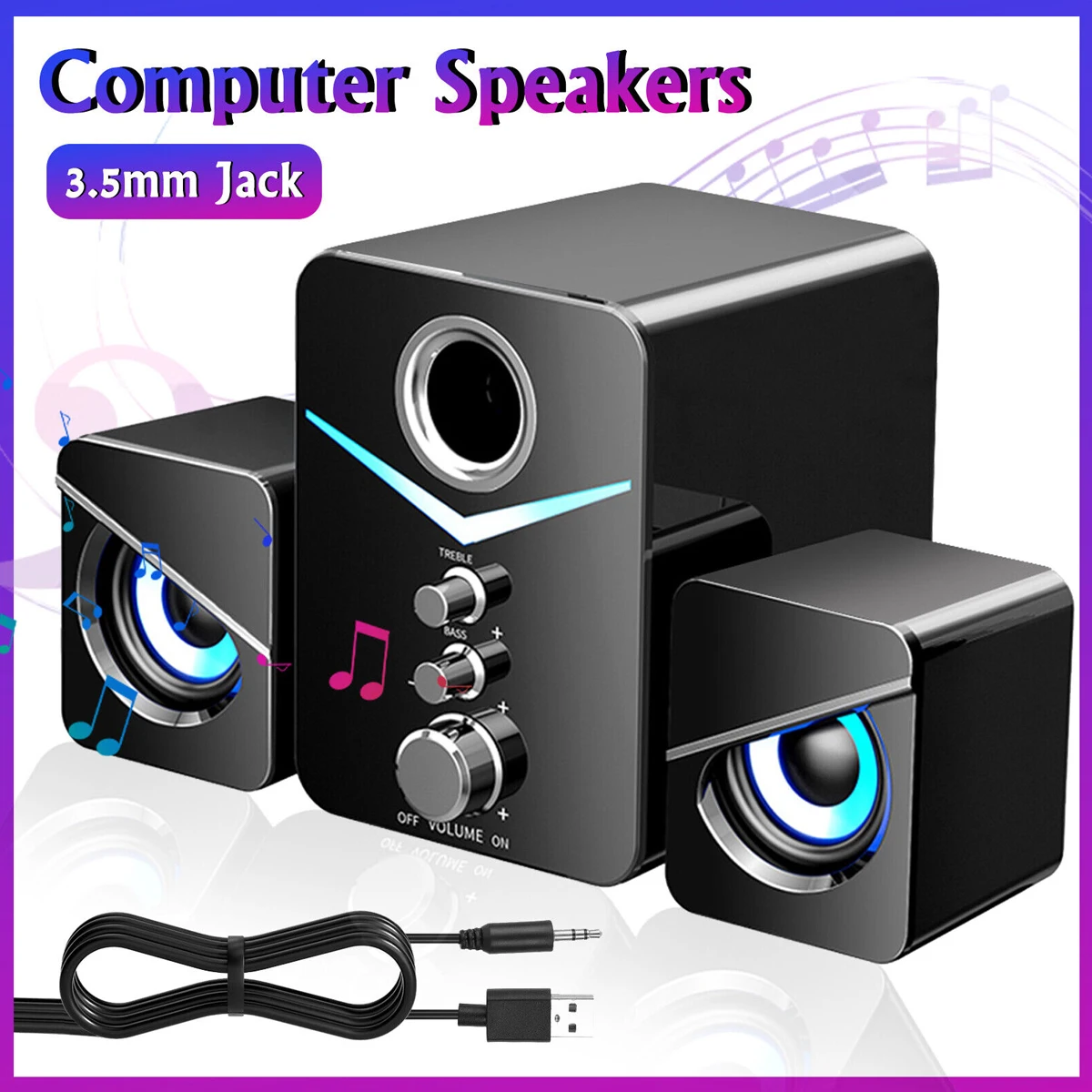 Computer Speakers System Stereo Bass Subwoofer For Desktop Laptop USB Wired Desktop PC Speaker With RGB LED Light 3.5mm Jack