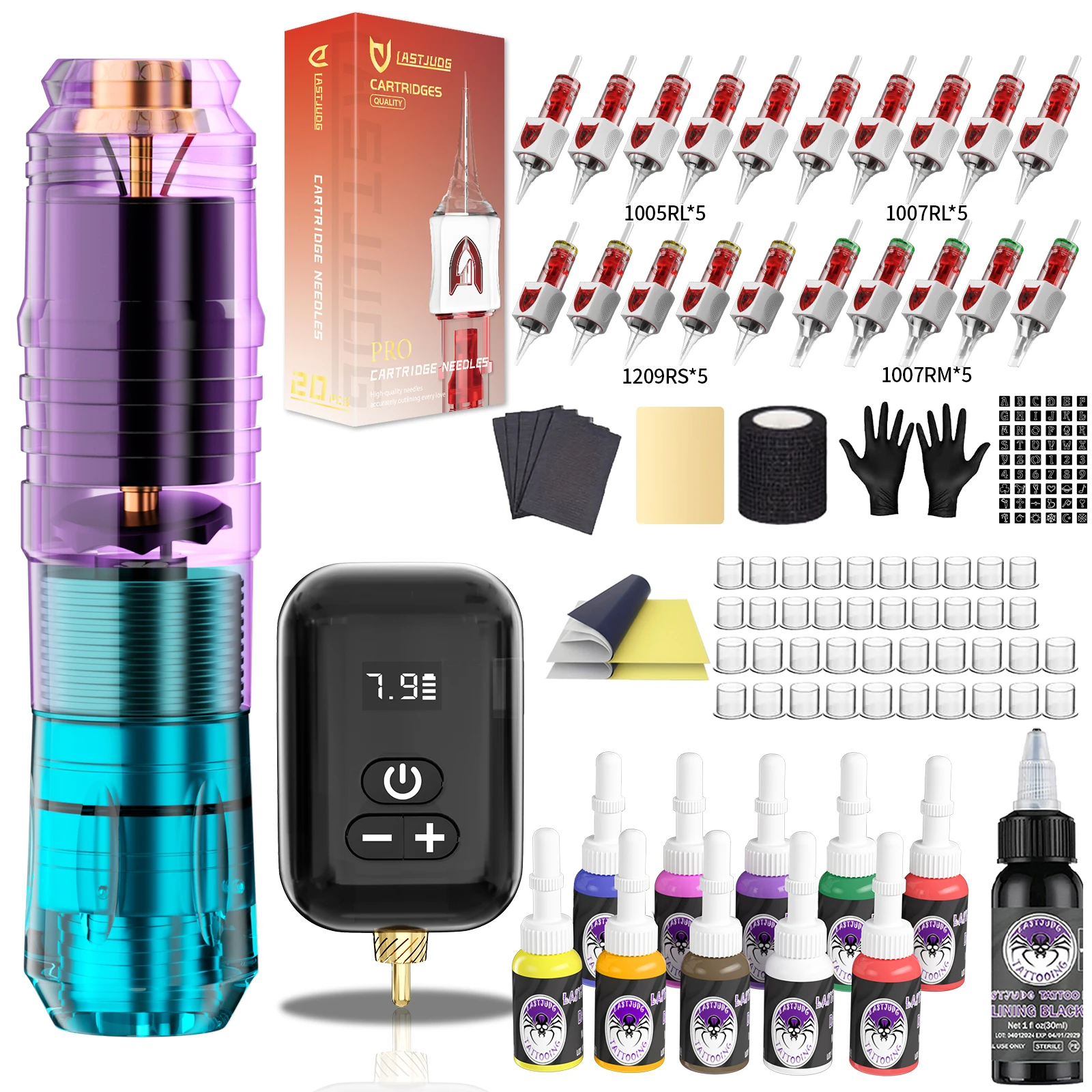 LASTJUDG Tattoo Kit 20PCS V2 White Tattoo Needles Tattoo Pen Kit Gradient Color Wireless Tattoo Power Supply Tattoo Machine Kit